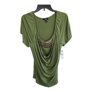 AGB Blouse Women XL Green Gold Beaded Water Fall Short Sleeve Strecty New